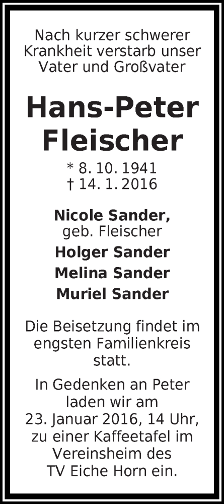  Traueranzeige für Hans-Peter Fleischer vom 19.01.2016 aus WESER-KURIER
