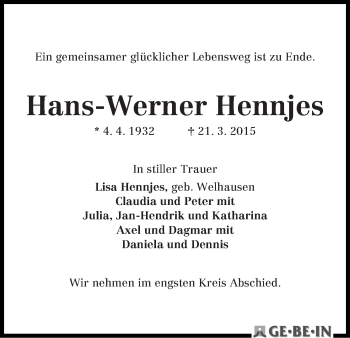 Traueranzeige von Hans-Werner Hennjes