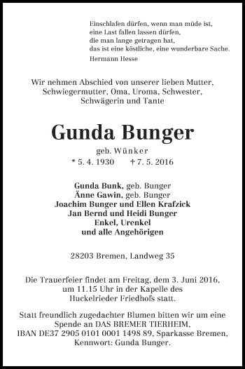 Traueranzeige von Gunda Bunger
