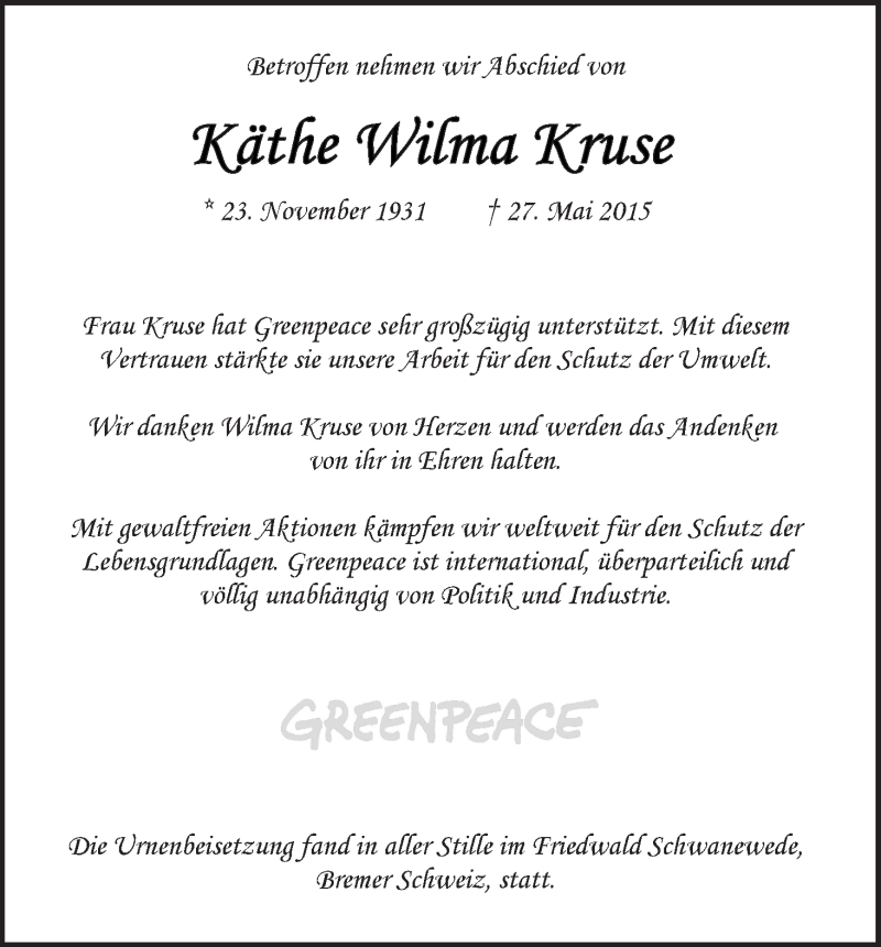 Traueranzeige von Käthe Wilma Kruse von WESER-KURIER