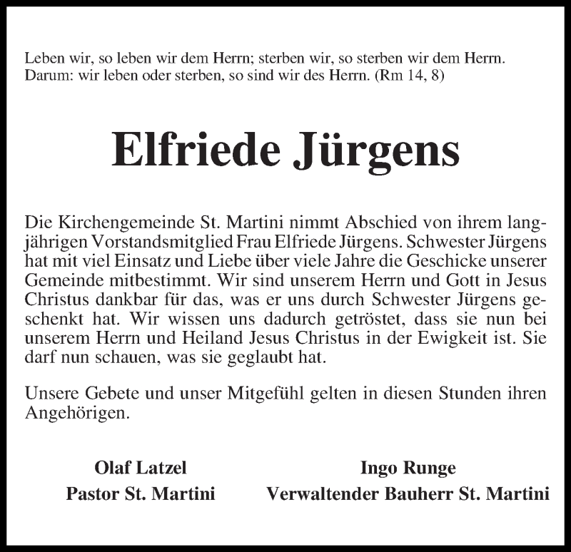 Traueranzeige von Elfriede Jürgens von WESER-KURIER