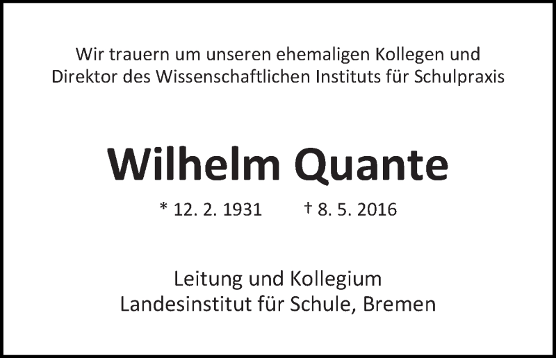 Traueranzeige von Wilhelm Quante von WESER-KURIER