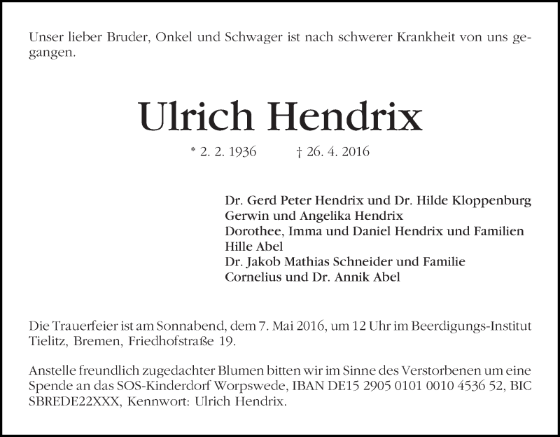 Traueranzeige von Ulrich Hendrix von WESER-KURIER