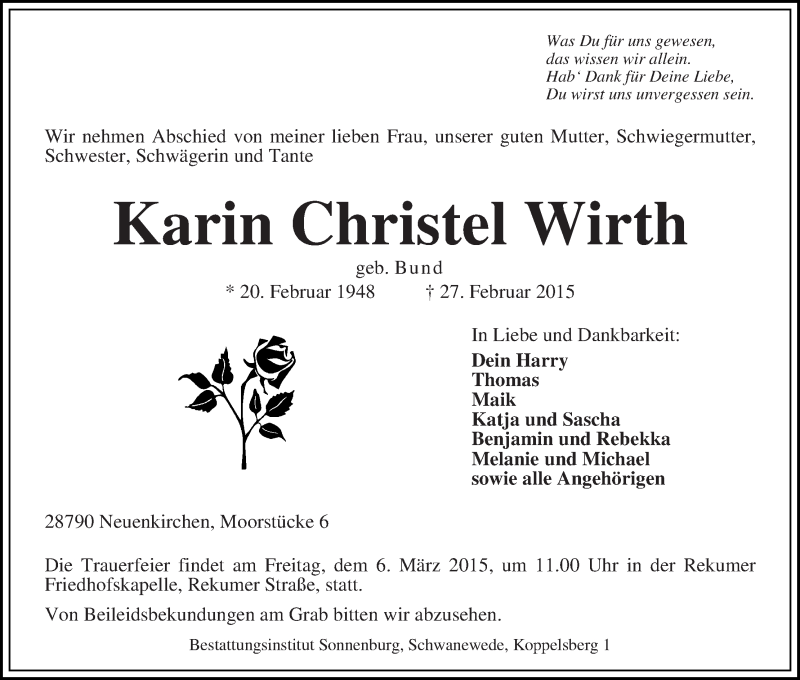 Traueranzeige von Karin Christel Wirth von Die Norddeutsche