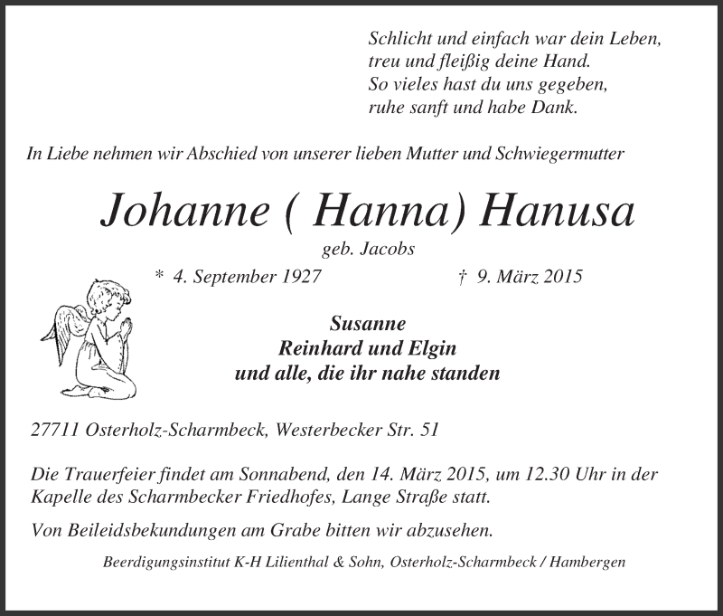 Traueranzeige von Johanne (Hanna) Hanusa von Osterholzer Kreisblatt