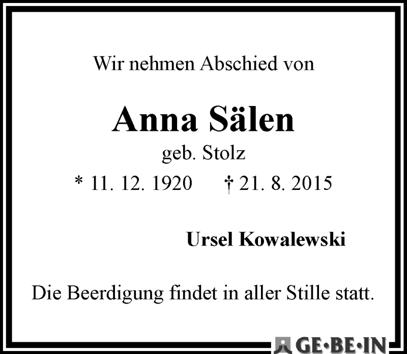 Traueranzeige von Anna Sälen von WESER-KURIER