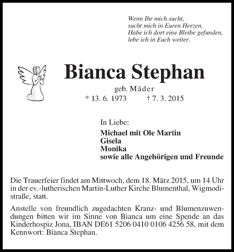 Traueranzeige von Bianca Stephan von WESER-KURIER