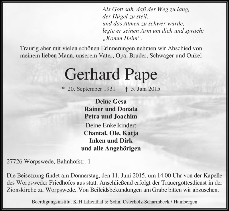 Traueranzeige von Gerhard Pape von Osterholzer Kreisblatt