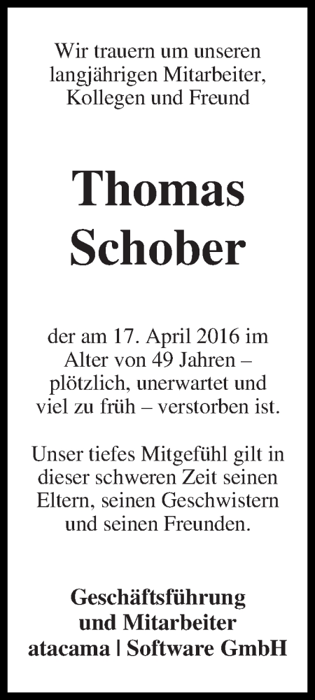 Traueranzeige für Thomas Schober vom 30.04.2016 aus WESER-KURIER