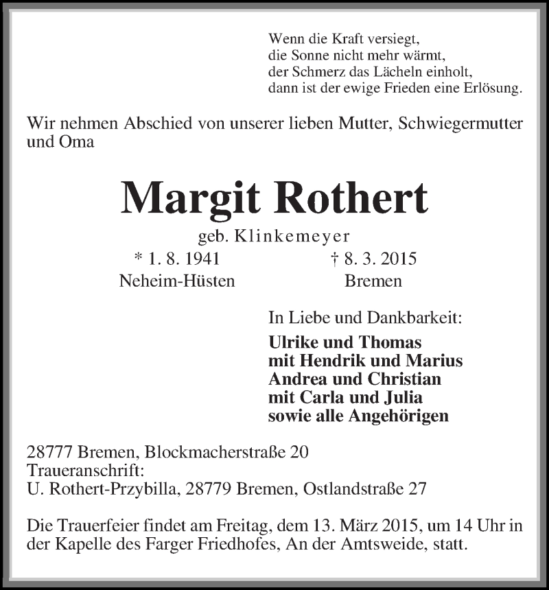 Traueranzeige von Margit Rothert von Die Norddeutsche