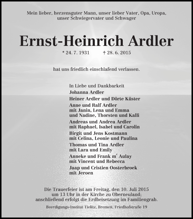 Traueranzeige von Ernst-Heinrich Ardler von WESER-KURIER