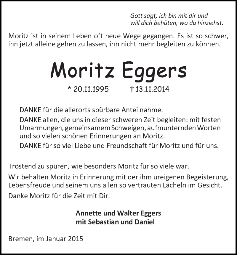  Traueranzeige für Moritz Eggers vom 24.01.2015 aus WESER-KURIER