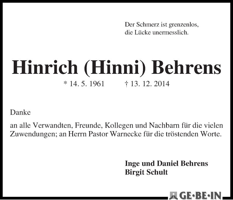 Traueranzeige von Hinrich (Hinni) Behrens von WESER-KURIER