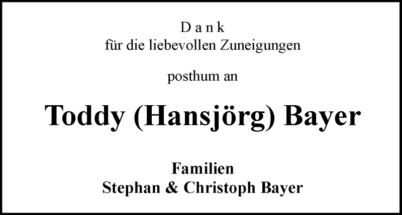 Traueranzeige von Toddy (Hansjörg) Bayer von Wuemme Zeitung