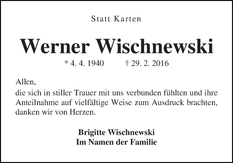 Traueranzeige von Werner Wischnewski von WESER-KURIER