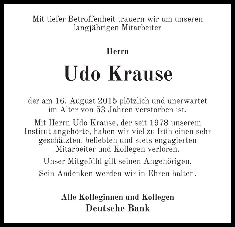 Traueranzeige für Udo Krause vom 22.08.2015 aus WESER-KURIER