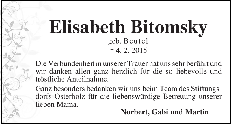 Traueranzeige von Elisabeth Bitomsky von WESER-KURIER