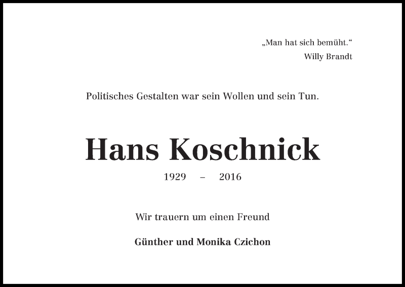  Traueranzeige für Hans Koschnick vom 23.04.2016 aus WESER-KURIER