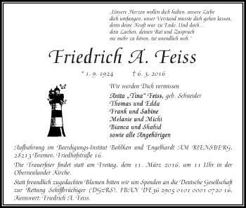 Traueranzeige von Friedrich A. Feiss