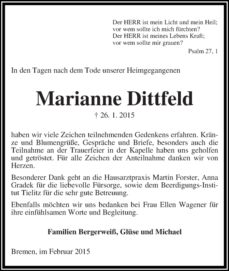  Traueranzeige für Marianne Dittfeld vom 28.02.2015 aus WESER-KURIER