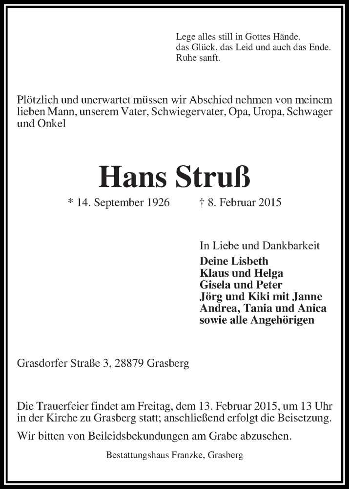Traueranzeige von Hans Struß von Wuemme Zeitung