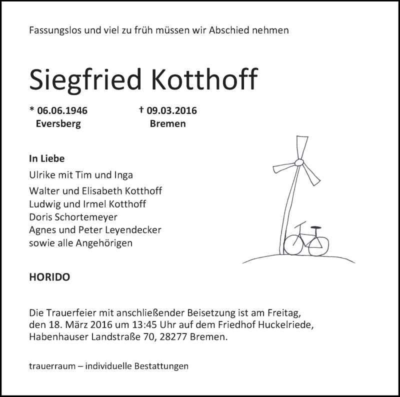 Traueranzeige von Siegfried Kotthoff von WESER-KURIER