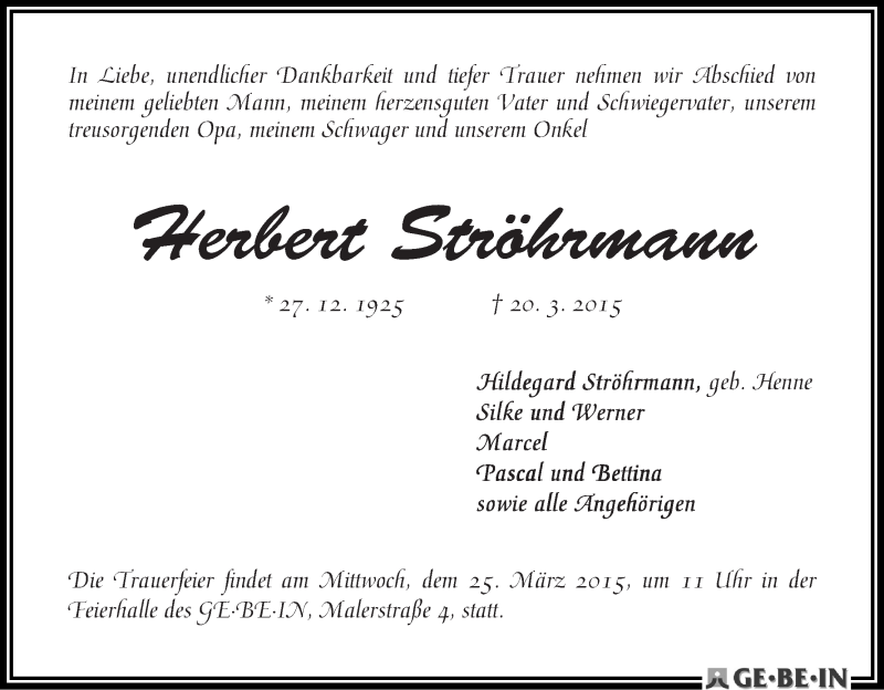 Traueranzeige von Herbert Ströhrmann von WESER-KURIER
