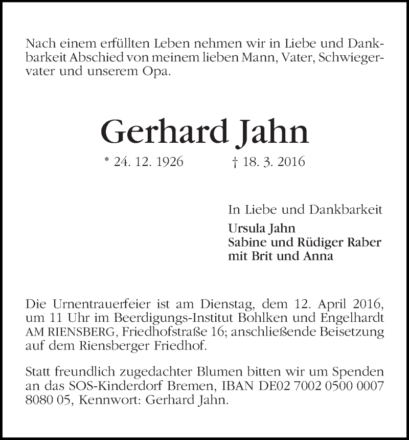 Traueranzeige für Gerhard Jahn vom 26.03.2016 aus WESER-KURIER
