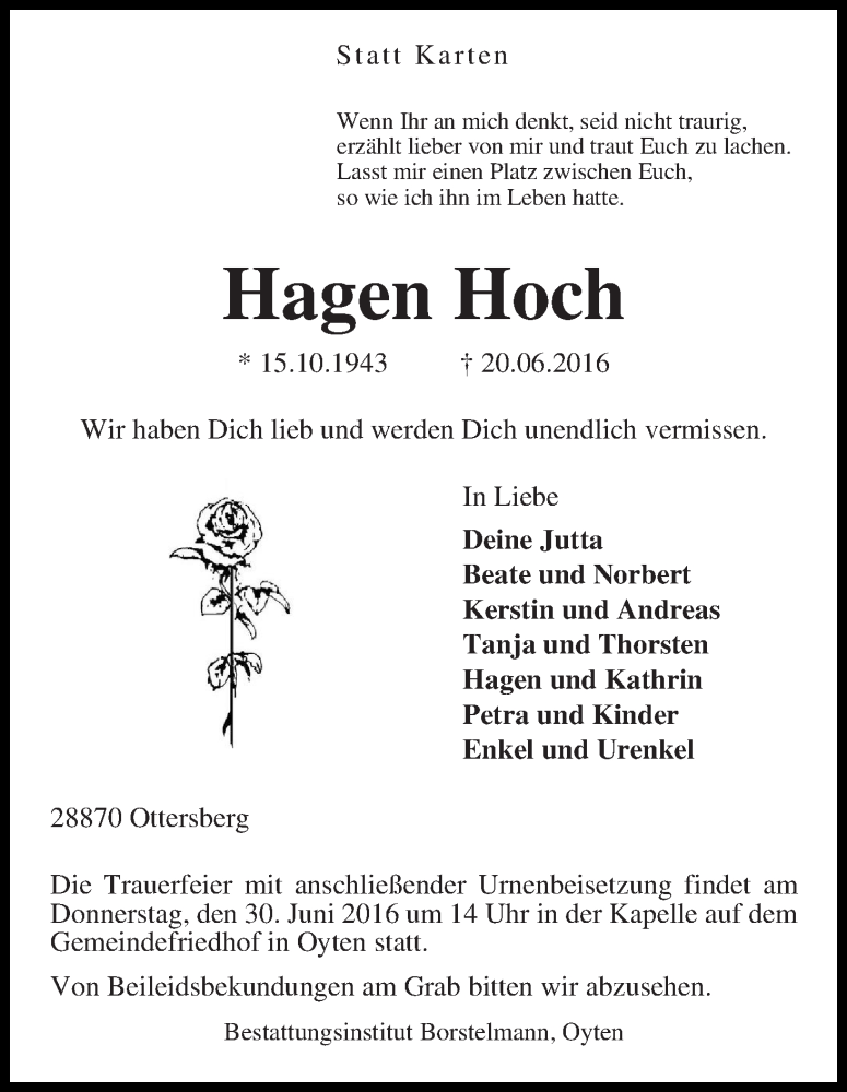  Traueranzeige für Hagen Hoch vom 23.06.2016 aus Achimer Kurier/Verdener Nachrichten