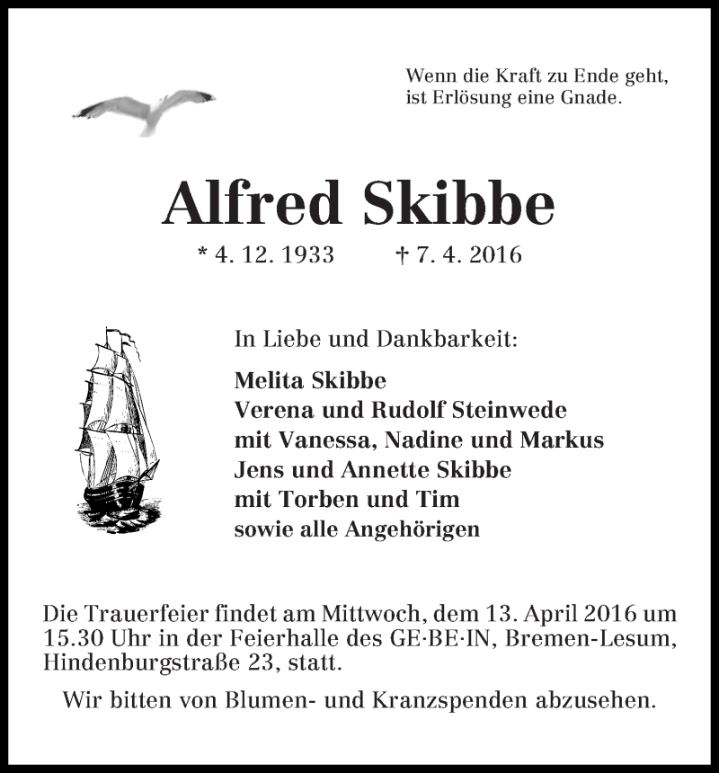 Traueranzeige von Alfred Skibbe von WESER-KURIER