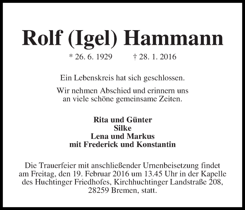 Traueranzeige von Rolf (Igel) Hammann von WESER-KURIER