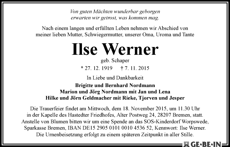Traueranzeige von Ilse Werner von WESER-KURIER