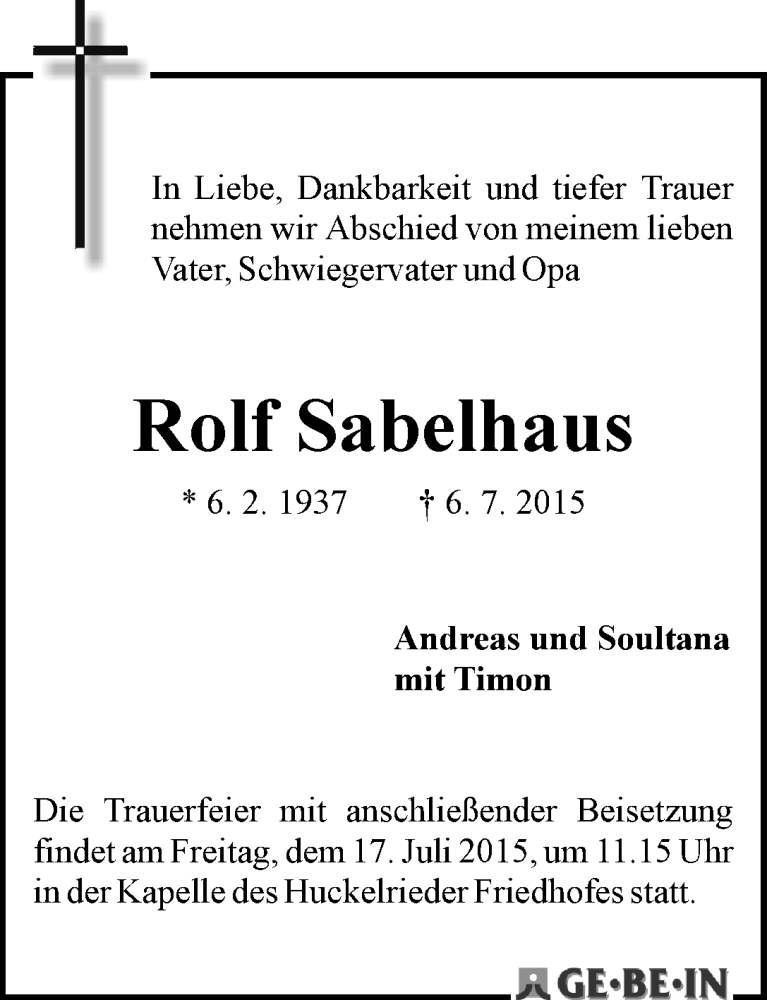 Traueranzeige von Rolf Sabelhaus von WESER-KURIER