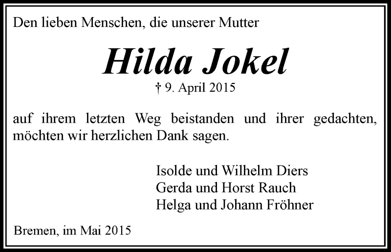 Traueranzeige von Hilda Jokel von WESER-KURIER