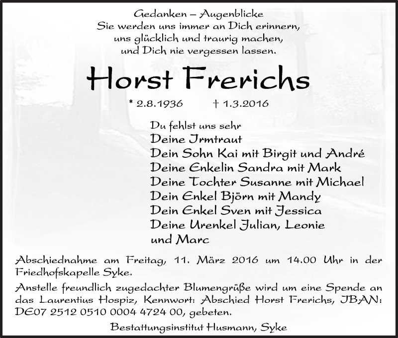 Traueranzeige von Horst Frerichs von WESER-KURIER
