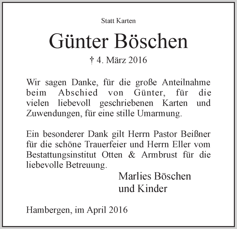 Traueranzeige von Günter Böschen von Osterholzer Kreisblatt