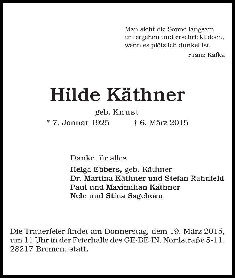 Traueranzeige von Hilde Käthner von WESER-KURIER