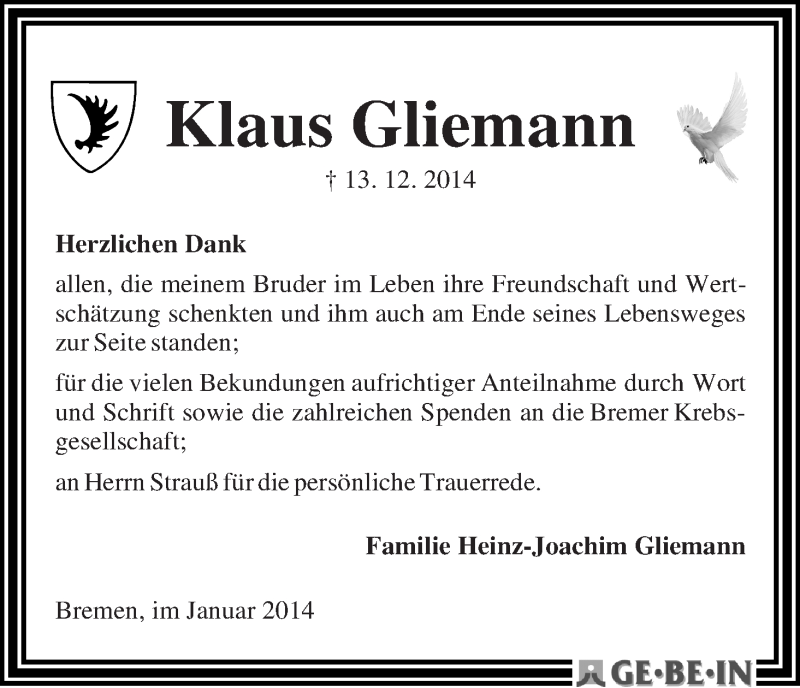 Traueranzeige von Klaus Gliemann von WESER-KURIER