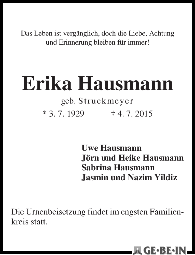 Traueranzeige von Erika Hausmann von WESER-KURIER
