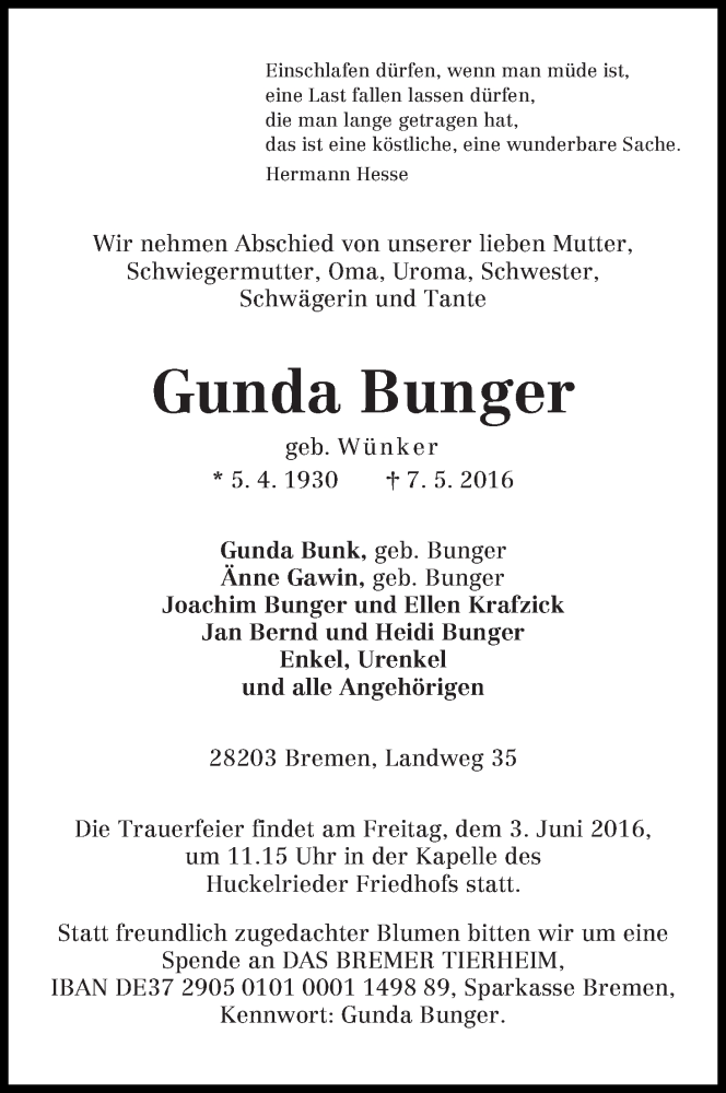 Traueranzeige von Gunda Bunger von WESER-KURIER