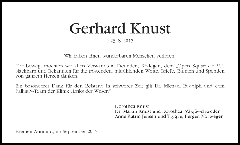 Traueranzeige von Gerhard Knust von Die Norddeutsche