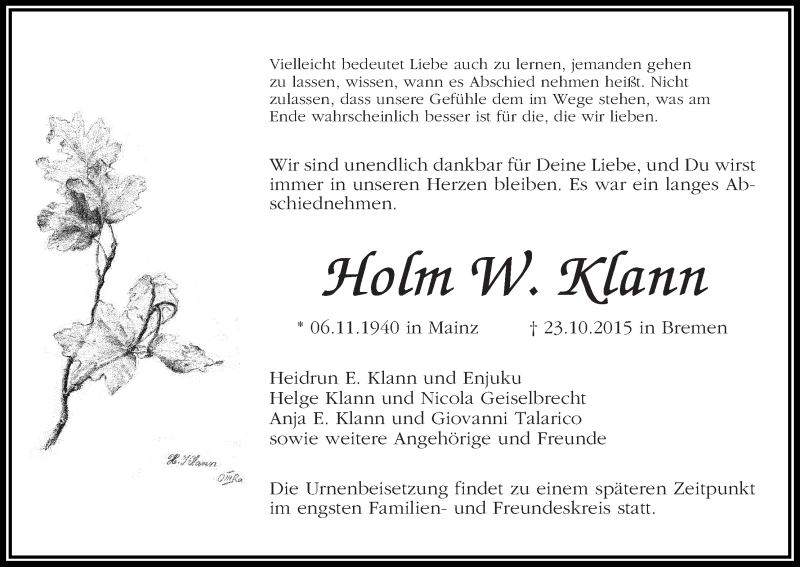 Traueranzeige von Holm W. Klann von WESER-KURIER