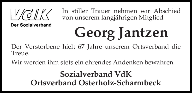Traueranzeige von Georg Jantzen von Osterholzer Kreisblatt