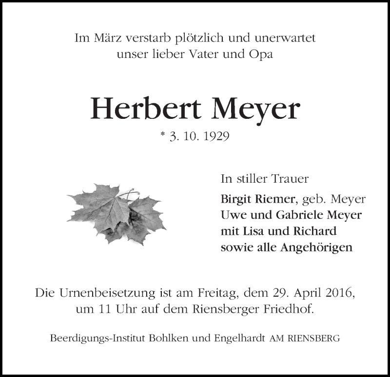 Traueranzeige von Herbert Meyer von WESER-KURIER