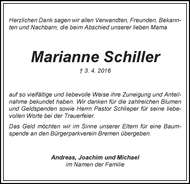 Traueranzeige von Marianne Schiller von WESER-KURIER