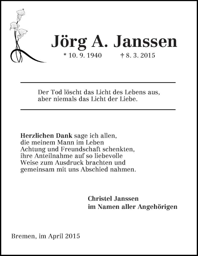 Traueranzeige von Jörg A. Janssen von WESER-KURIER