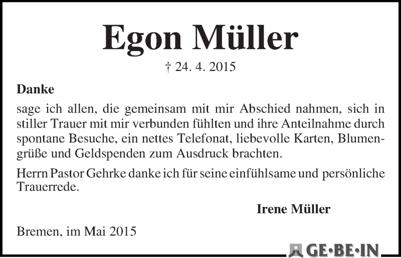 Traueranzeige von Egon Müller von WESER-KURIER