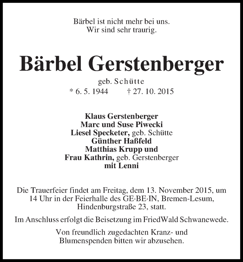 Traueranzeige von Bärbel Gerstenberger von Die Norddeutsche