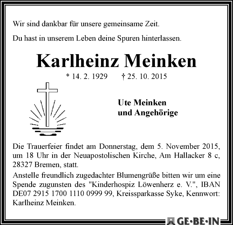 Traueranzeige von Karlheinz Meinken von WESER-KURIER