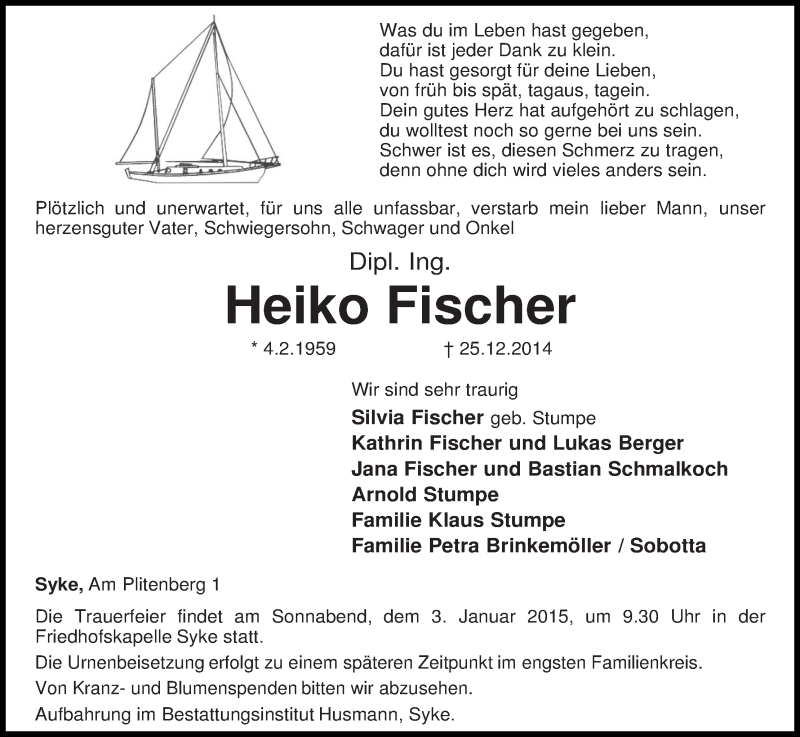 Traueranzeige von Heiko Fischer von WESER-KURIER